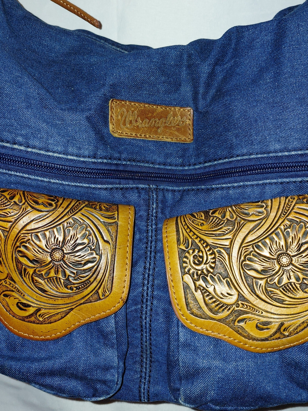 Wrangler Blue Denim Hobo Bag with Brown Tooled Leather Accents - Picture 3 of 11